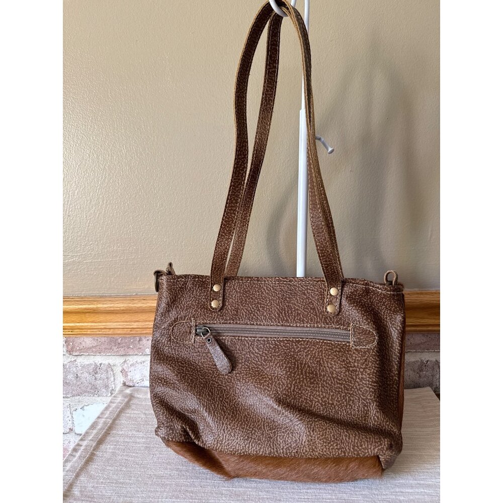 Myra Brown Leather & Hairon Tote Bag With Zipper Pocket Brown Cow